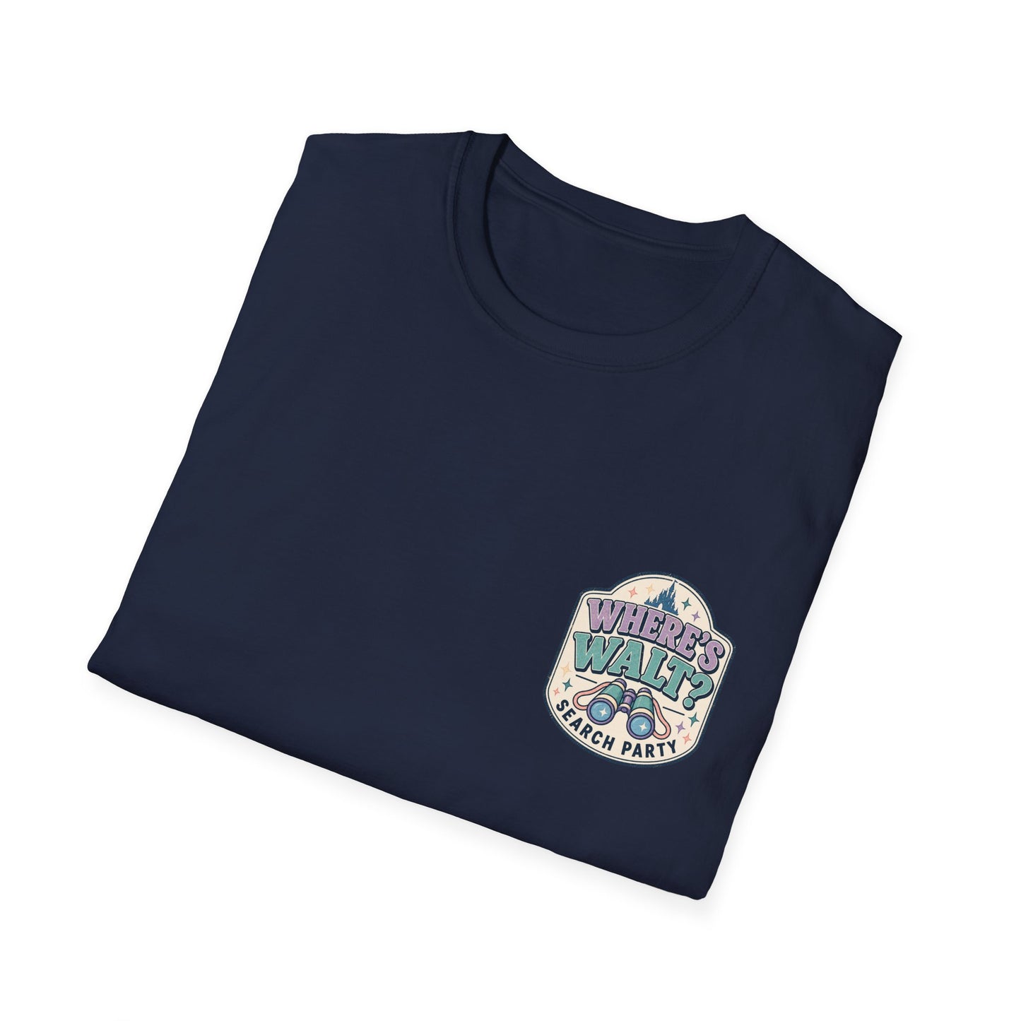 Navy Where’s Walt Search Party retro front shirt graphic with binoculars