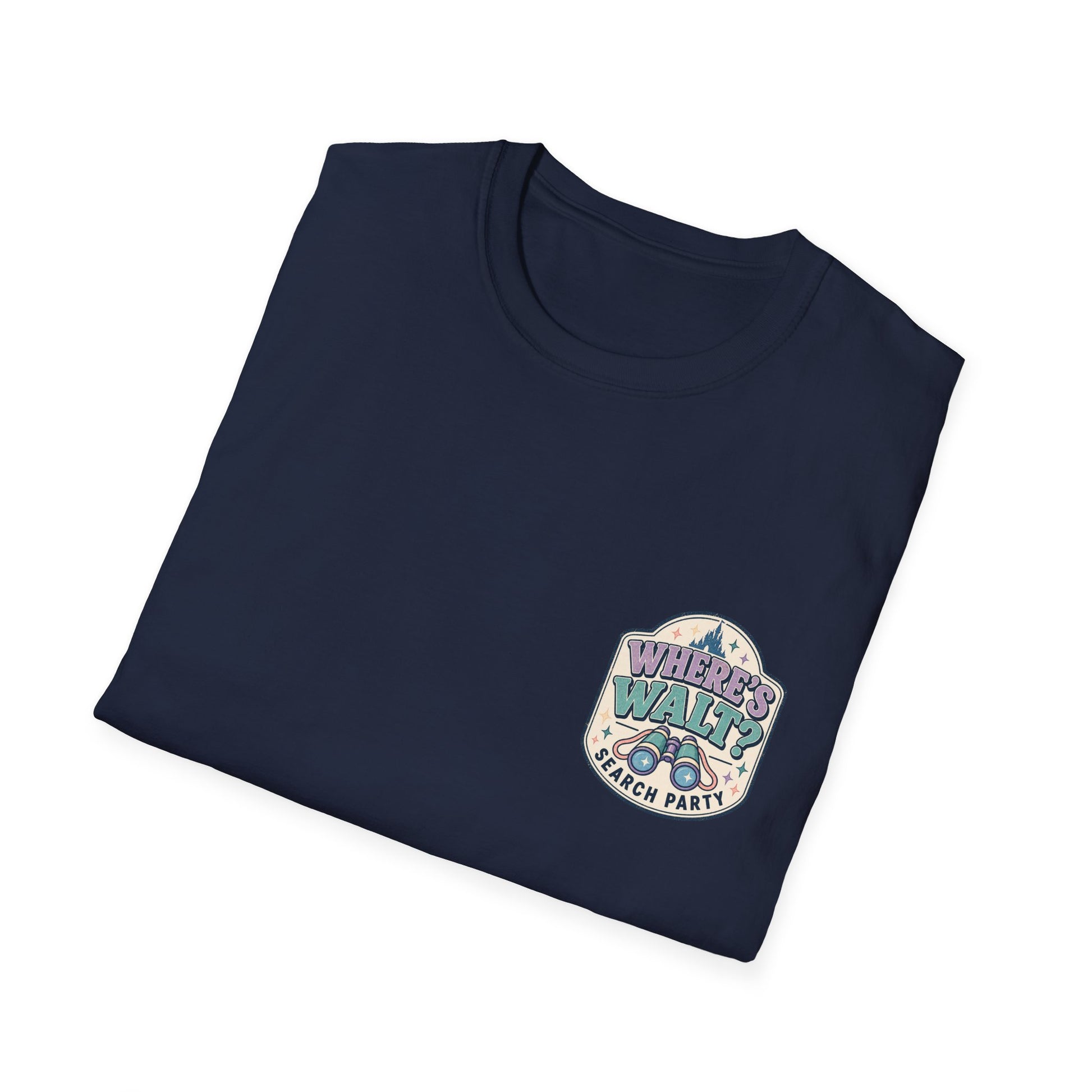 Navy Where’s Walt Search Party retro front shirt graphic with binoculars