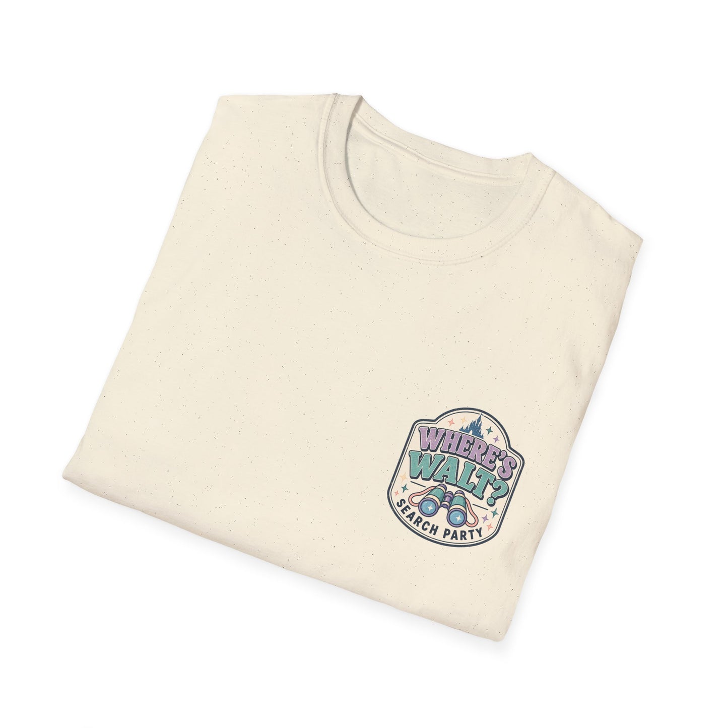 Where’s Walt Search Party retro front shirt graphic with binoculars in ivory color
