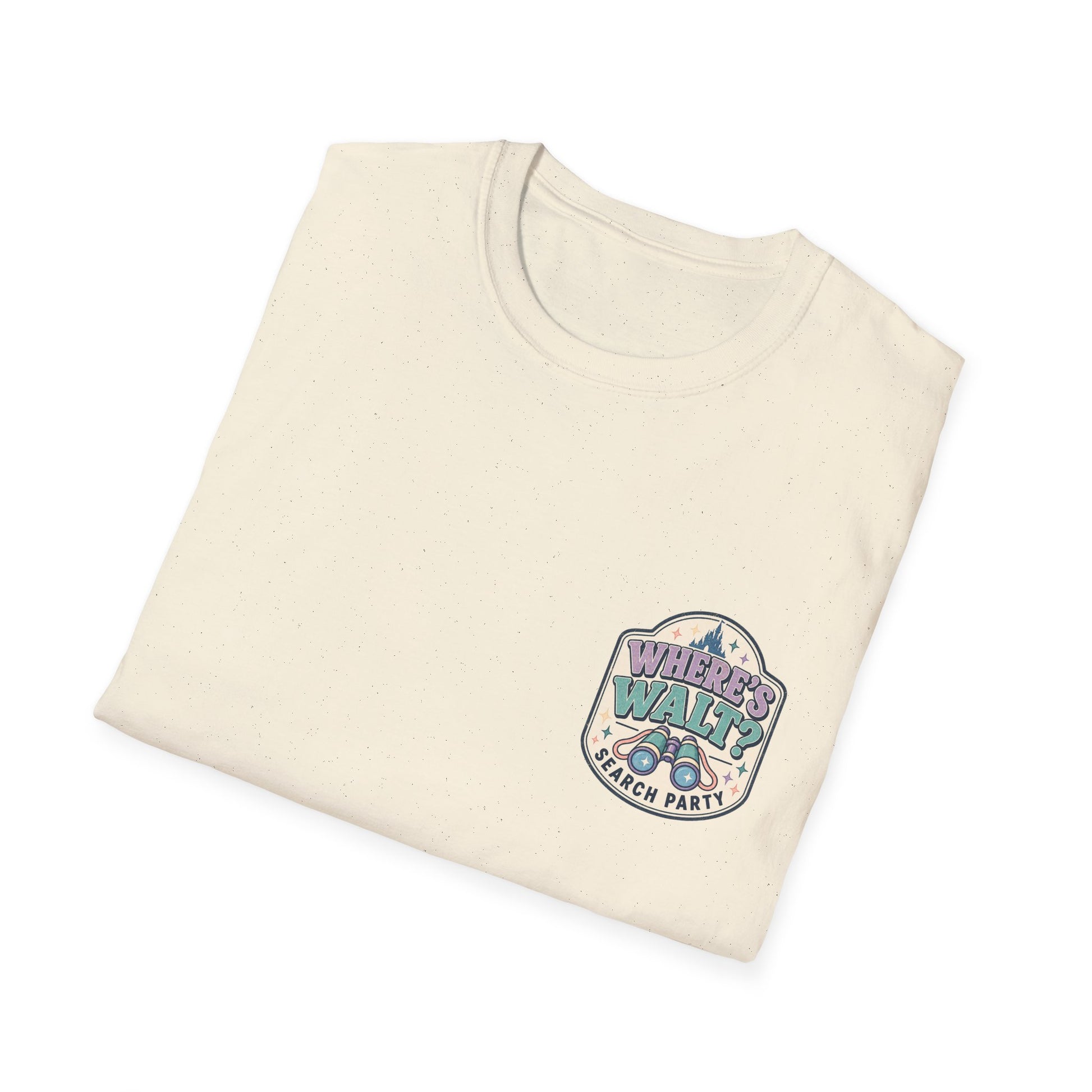 Where’s Walt Search Party retro front shirt graphic with binoculars in ivory color
