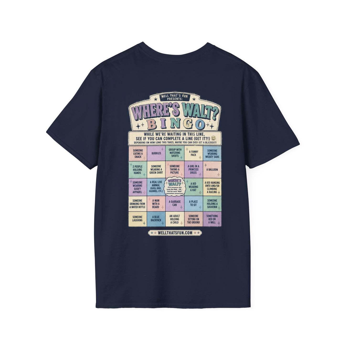 Navy Blue Retro Where’s Walt Bingo card shirt design with theme park line scavenger hunt activities on the back