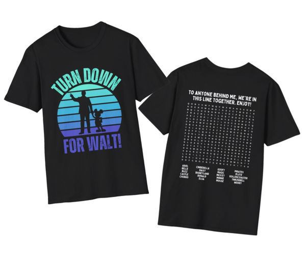Disney Word Search 2-sided t-shirt with Turn Down For Walt design and interactive puzzle on back.