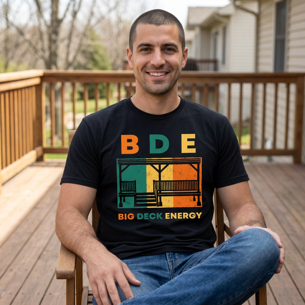A man sitting on a wooden chair on a backyard deck, wearing a black graphic t-shirt with a retro-style orange, yellow, and green design that reads 'BDE BIG DECK ENERGY'.
