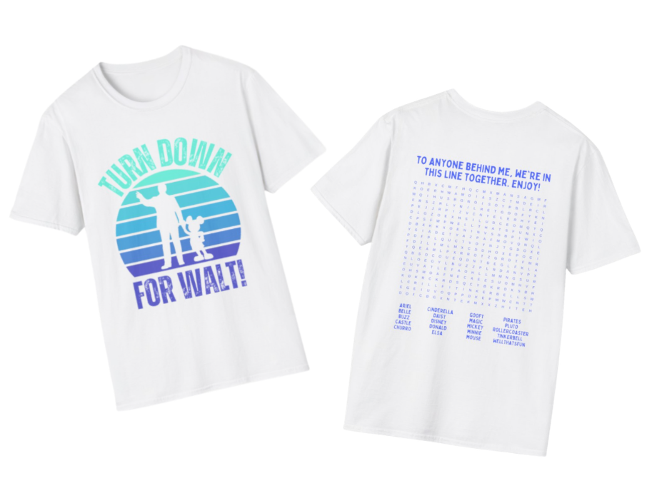 A white short-sleeve graphic T-shirt shown from both front and back on a plain white background. The front features a large circular sunset-style graphic with the words “TURN DOWN FOR WALT!” in teal and purple and the back features a Disneyland themed word search puzzle