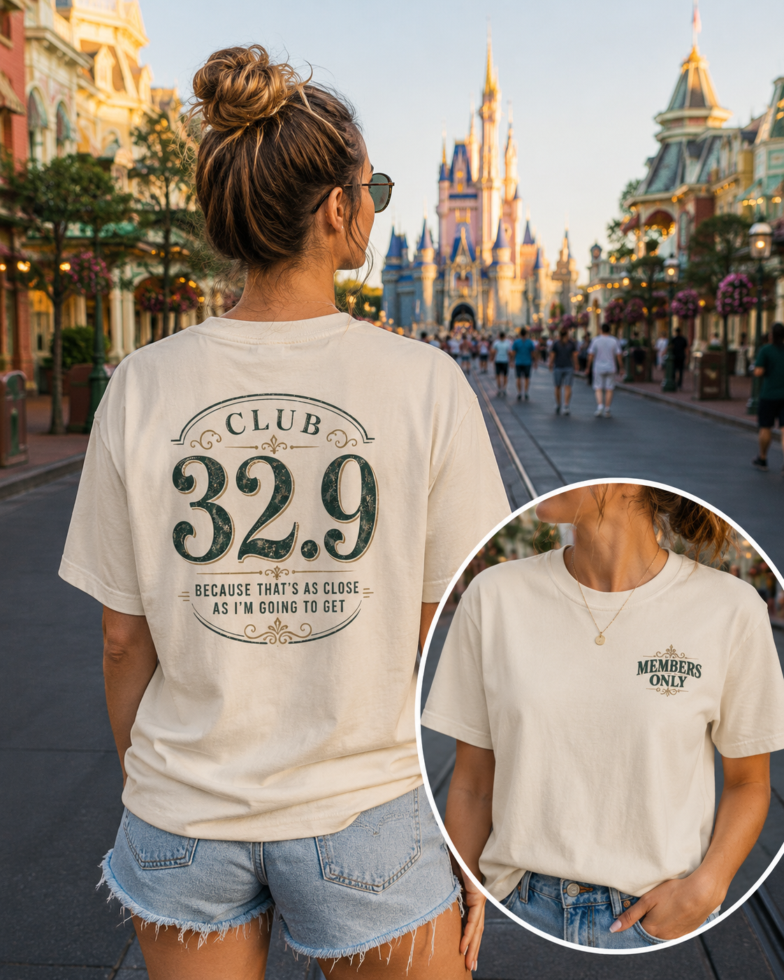 A woman wearing a Club 32.9 Comfort Colors shirt with vintage back graphic "Club 32.9 - Because that's as close as I'm going to get" and Members Only front chest design