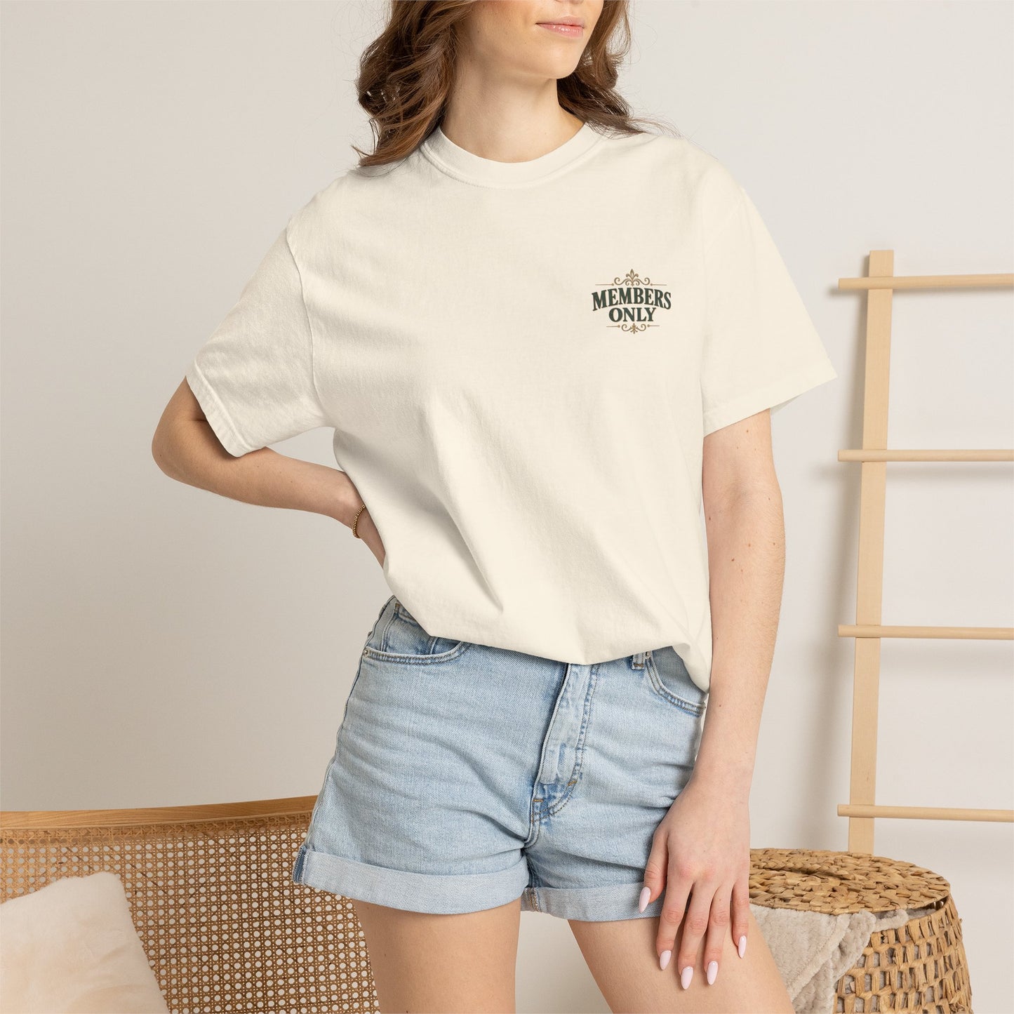 Front view of a Woman wearing a funny Members Only front pocket design on Club 32.9 Comfort Colors shirt