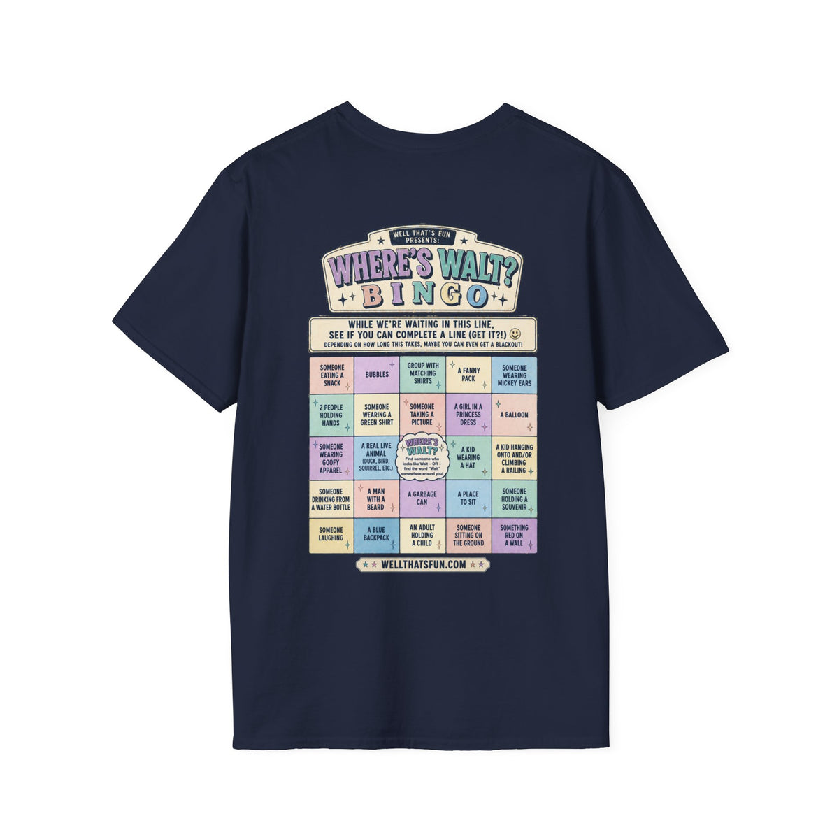 Navy Where's Walt? Bingo t-shirt, back flat lay showing the full bingo card design.