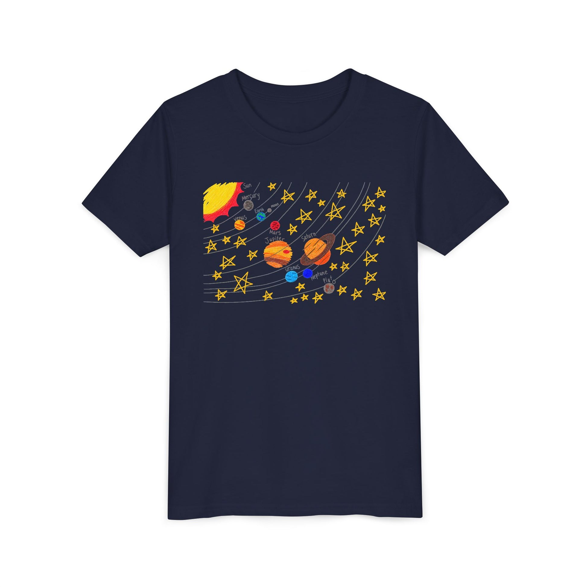 A navy blue short-sleeve crewneck t-shirt featuring a colorful graphic print of a solar system with planets, stars, and orbital paths on the front, displayed against a solid white background.