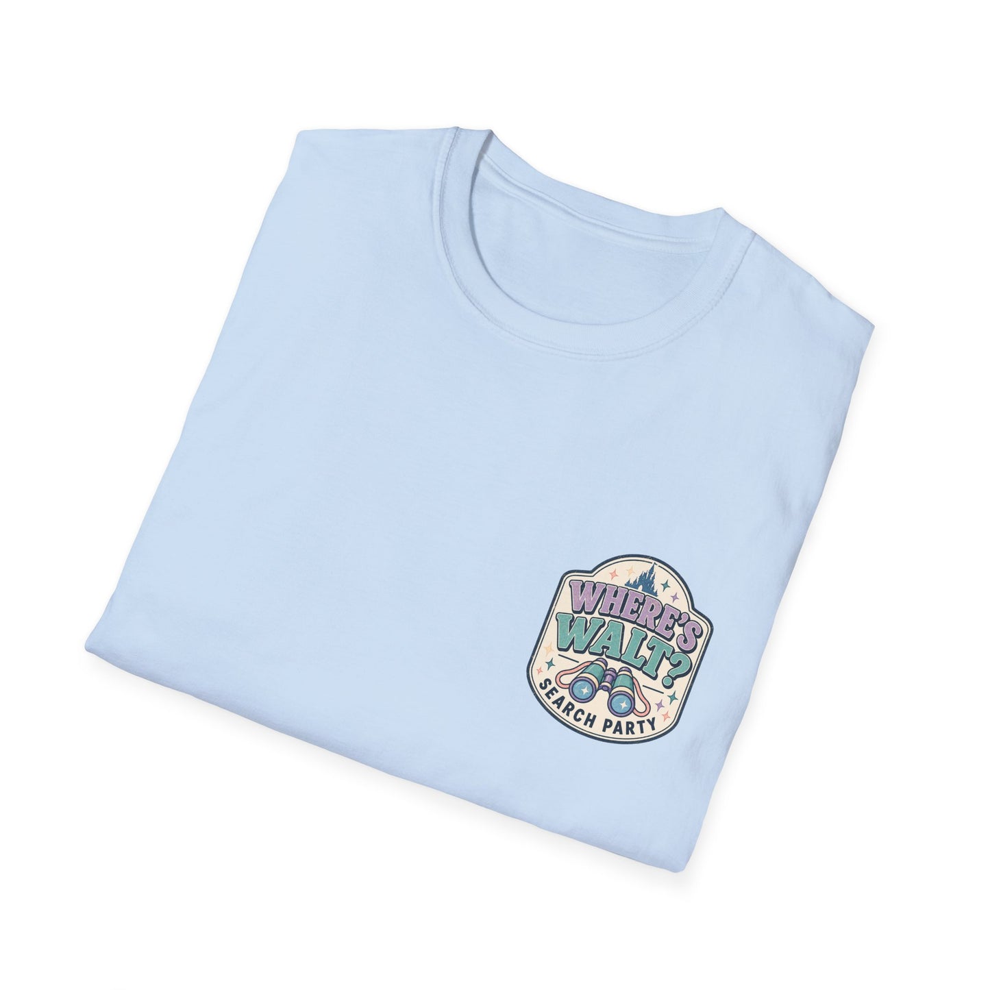 A light blue folded t-shirt on a white background, featuring a Where’s Walt Search Party retro front shirt graphic with binoculars