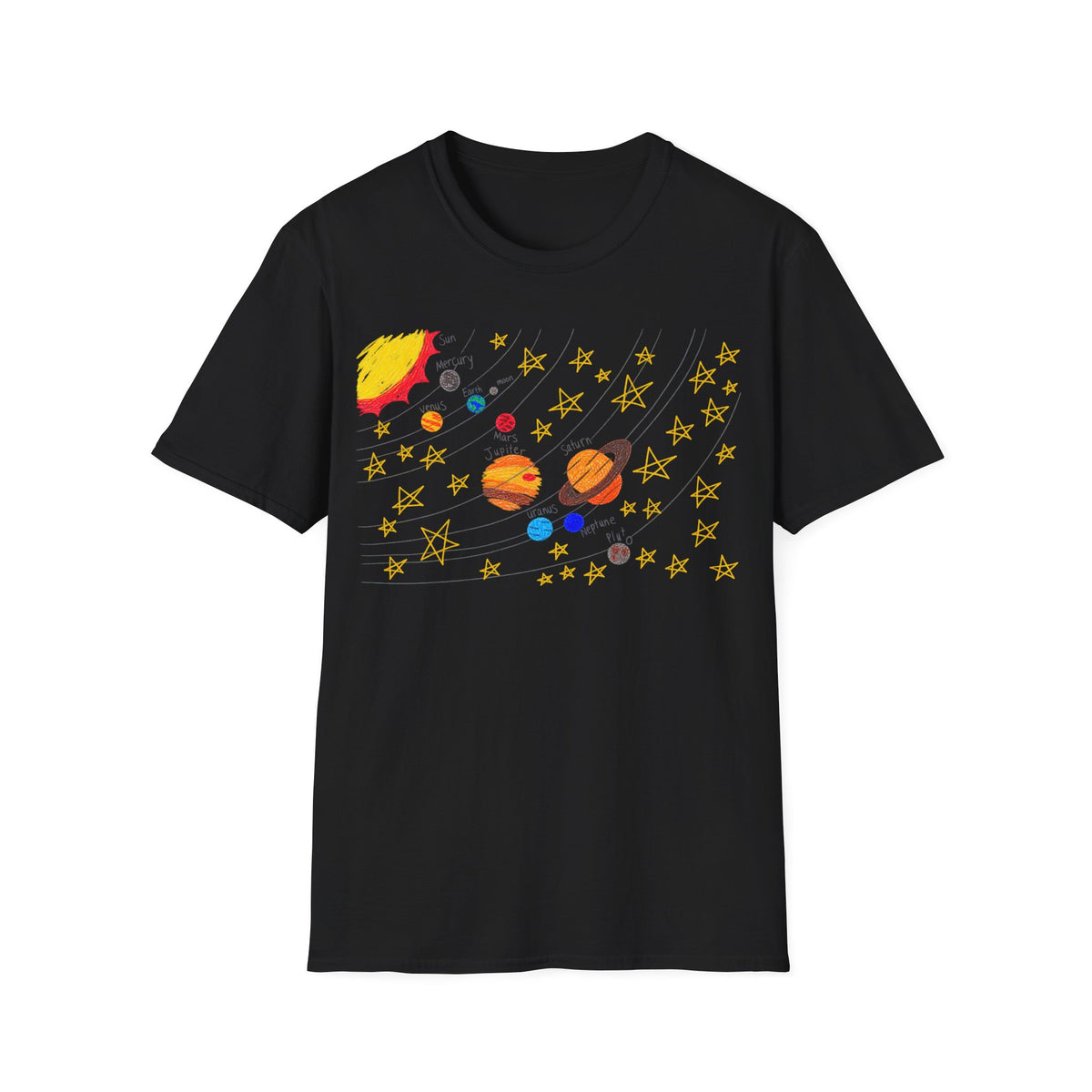 A black short-sleeve crewneck t-shirt featuring a hand drawn colorful artistic print of a solar system with planets, stars, and a sun on the front, displayed against a solid white background.