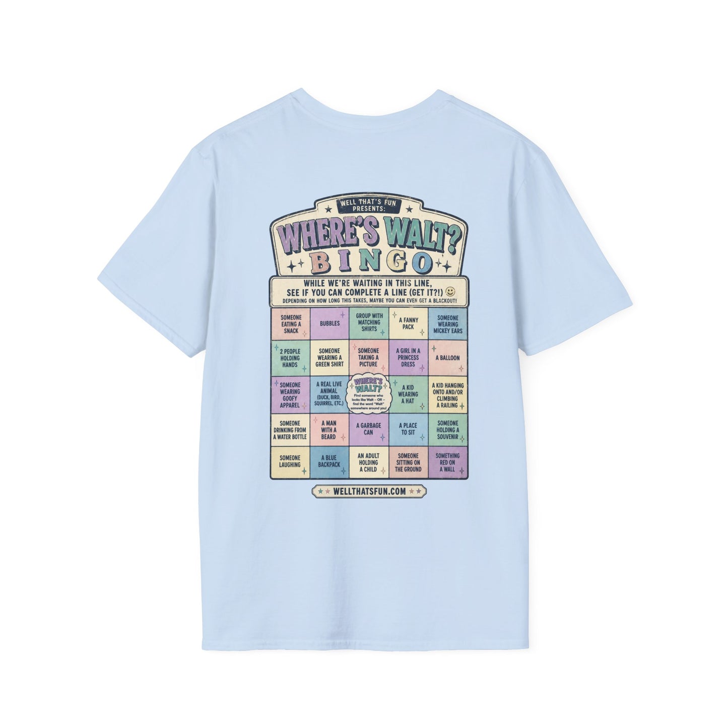 A light blue short-sleeve t-shirt shown from the back, featuring a large, colorful retro-style Where’s Walt Bingo card shirt design with theme park line scavenger hunt activities