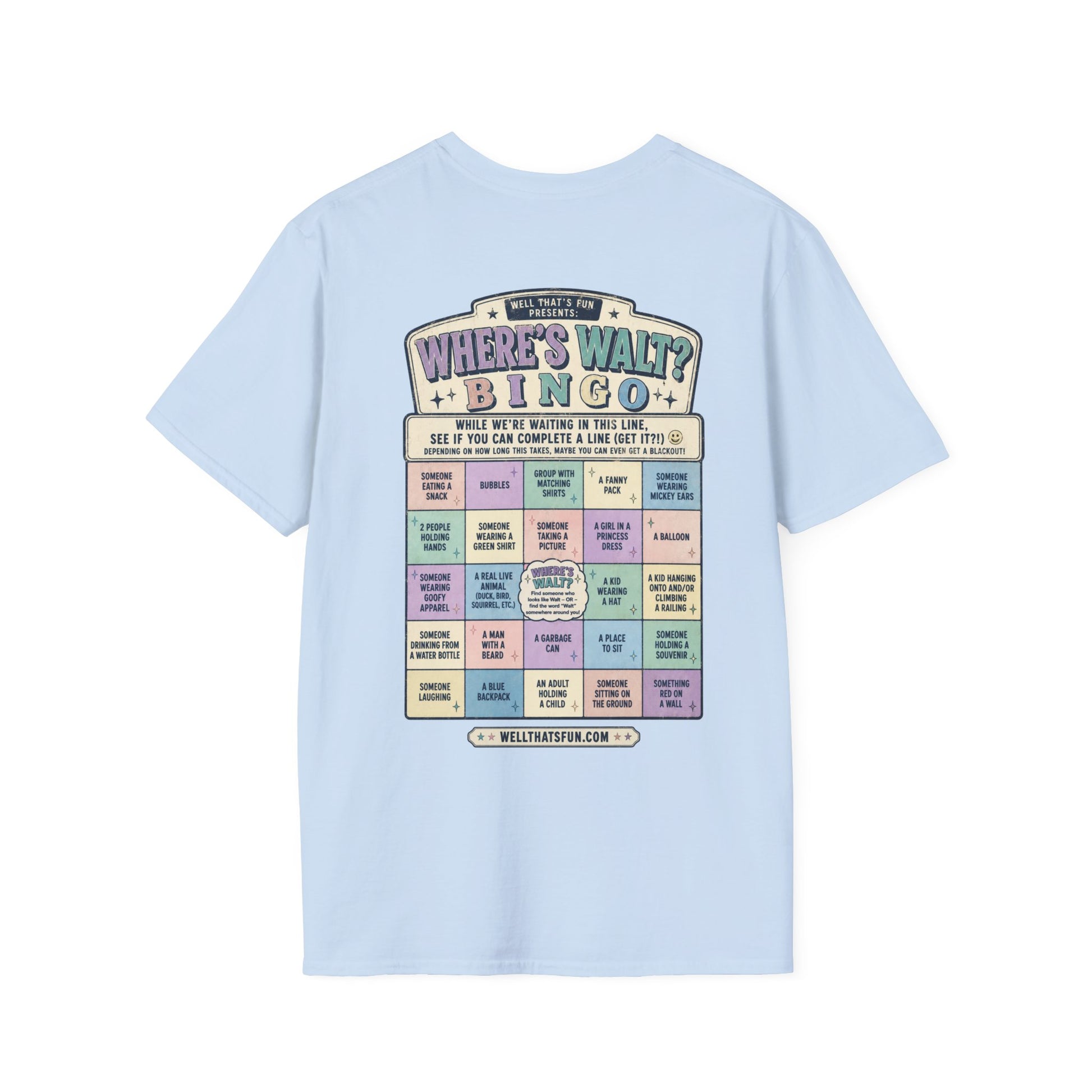 A light blue short-sleeve t-shirt shown from the back, featuring a large, colorful retro-style Where’s Walt Bingo card shirt design with theme park line scavenger hunt activities