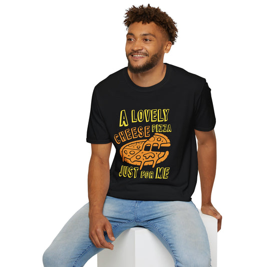 Smiling man seated wearing the black cheese-pizza graphic tee printed with 'A lovely cheese pizza just for me.'