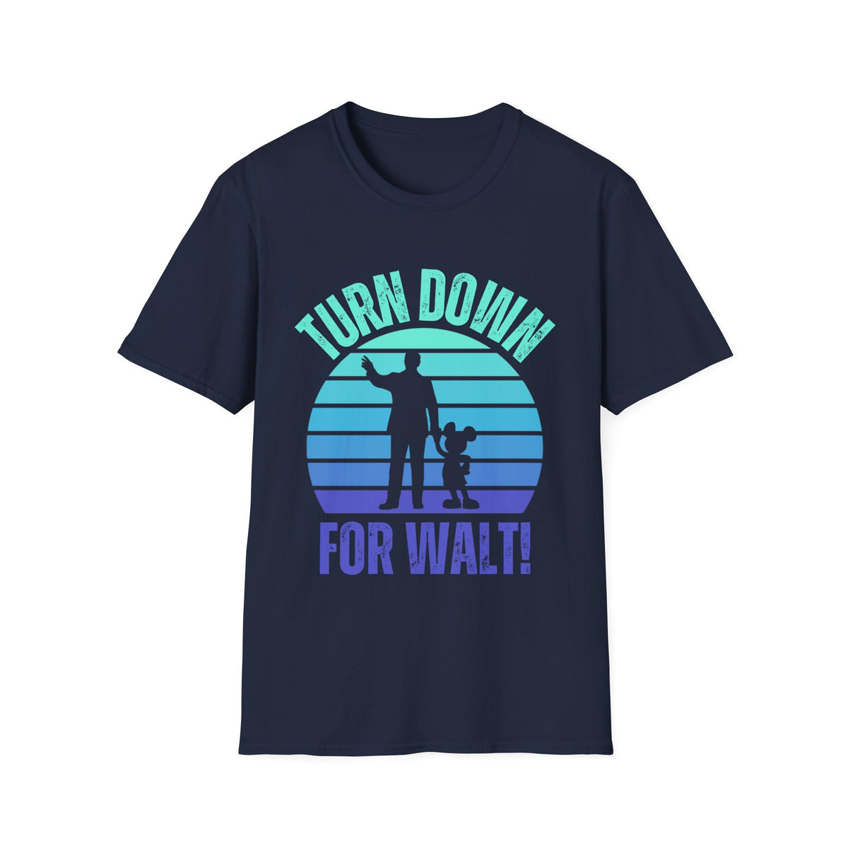 A navy blue short-sleeve t-shirt with a retro-style graphic on the front. The graphic features a circular sunset design in shades of teal, blue, and purple, with the silhouette of a man and a mouse on front and says Turn down for Walt!
