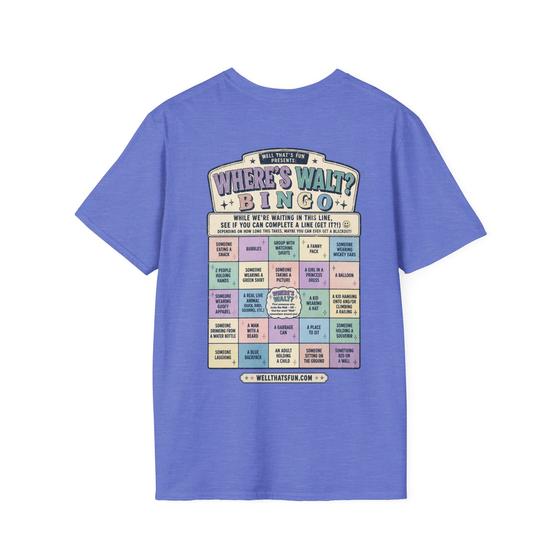A heathered periwinkle blue short-sleeve t-shirt shown from the back, featuring a large, colorful Retro Where’s Walt Bingo card shirt design with theme park line scavenger hunt activities