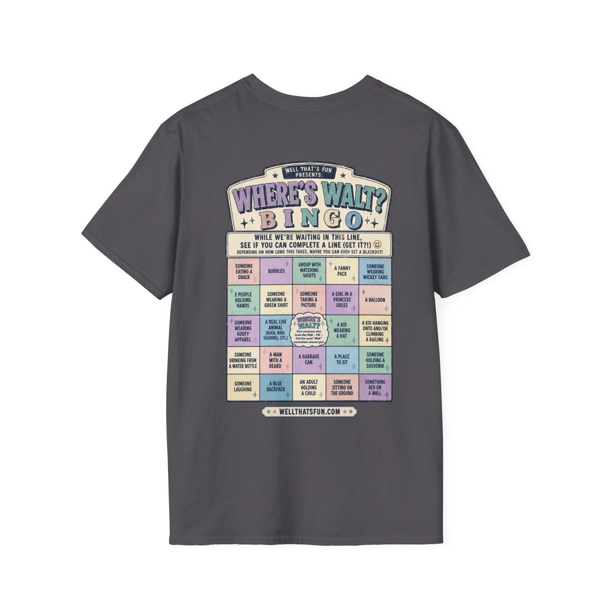 A dark gray crewneck t-shirt shown from the back, featuring Retro Where’s Walt Bingo card shirt design with theme park line scavenger hunt activities