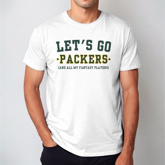Man wearing a white Let's Go Packers fantasy football tee, dark green and gold collegiate lettering