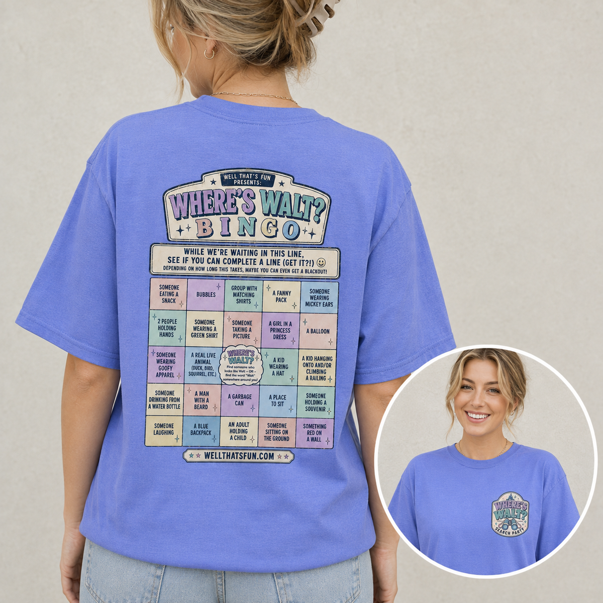A woman wearing heather royal blue t-shirt, showing the back of the shirt with a large 'Where's Walt? Bingo' interactive game graphic. An inset circle in the bottom right shows the front of the shirt with a matching chest graphic.