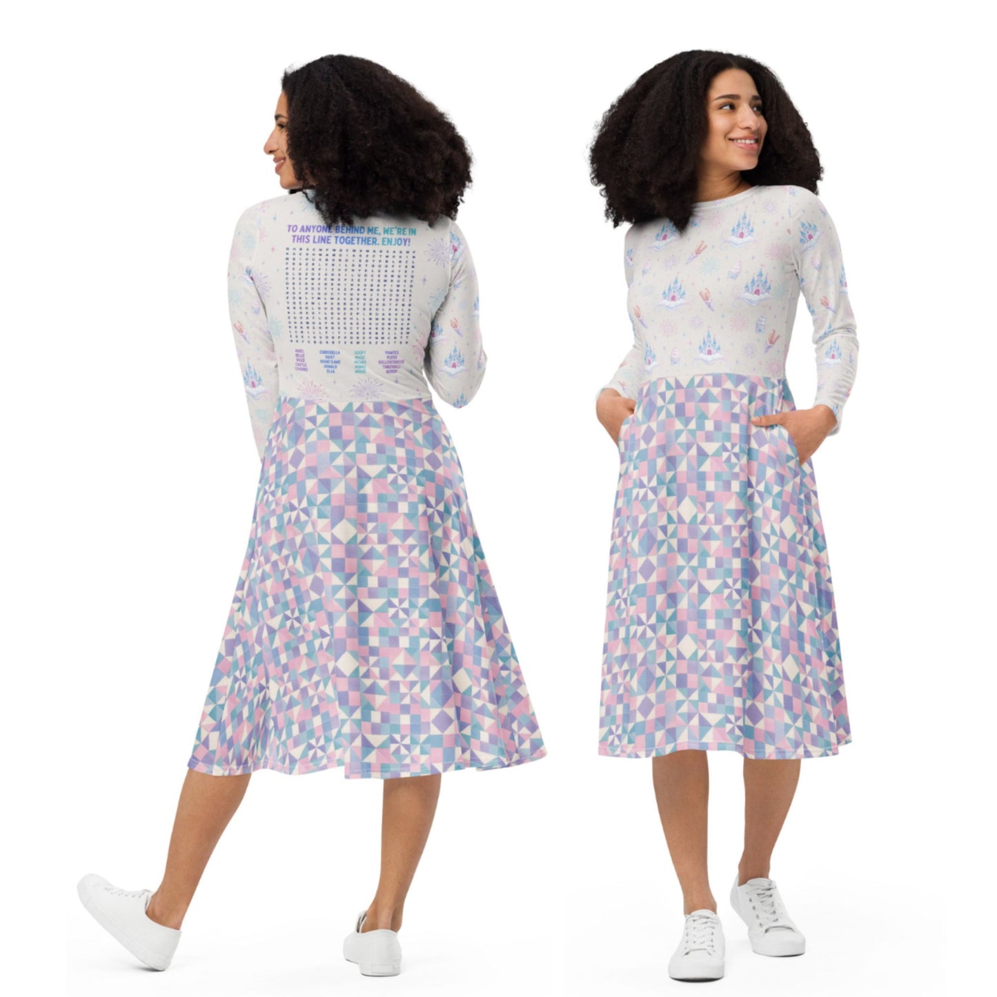 A woman modeling a long-sleeve midi dress from the front and back against a plain white studio background. The dress features a Disneyland-themed word search puzzle on the back of the dress and a pastel collage of castles, churros, ice cream and fireworks on the top, with a flared skirt with pockets featuring multicolor geometric print in lavender, blue, pink, and white.