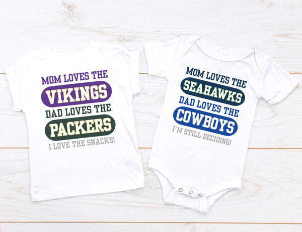 Customizable House Divided NFL baby and toddler t-shirt for two-team family households.