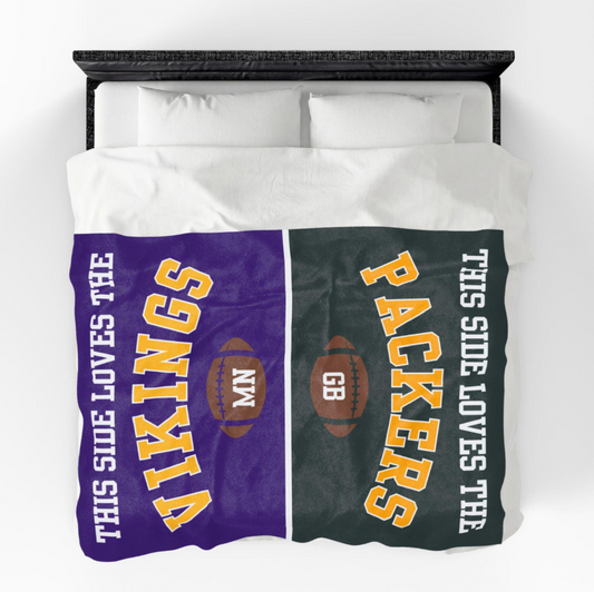 Personalized house divided football throw blanket on a bed, Vikings on one side and Packers on the other