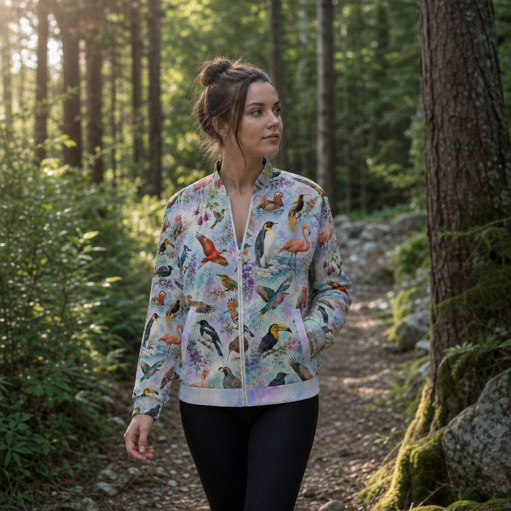 A woman stands on a forest path wearing a light pastel bomber jacket covered in a colorful bird print, paired with black leggings.