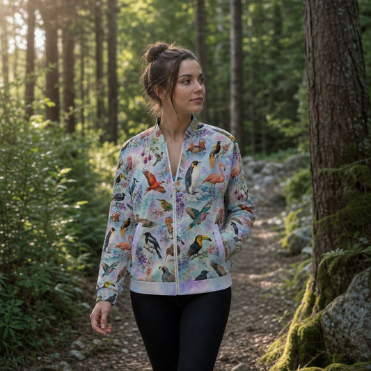 A woman stands on a forest path wearing a light pastel bomber jacket covered in a colorful bird print, paired with black leggings.