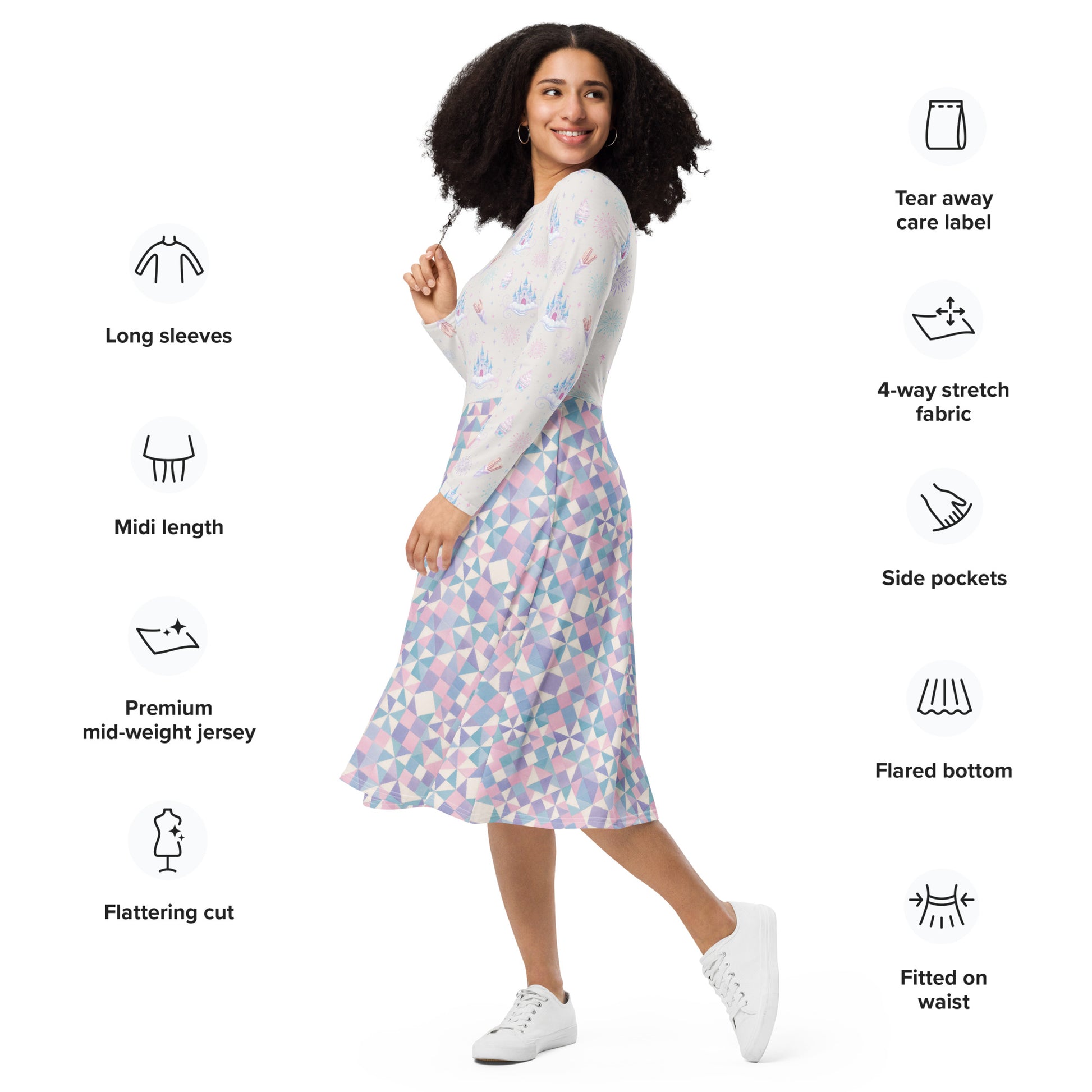 A woman modeling a long-sleeve midi dress with a pastel multicolor geometric pattern, shown against a white background with feature callouts and icons around her.