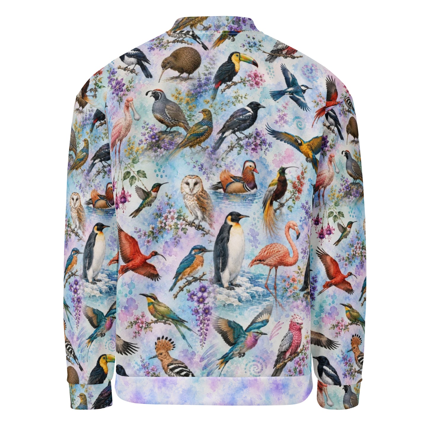 back view of a zip bomber jacket featuring a colorful print of various  birds, a kiwi, an owl, flamingos, toucans, and hummingbirds on a light pastel watercolor background.