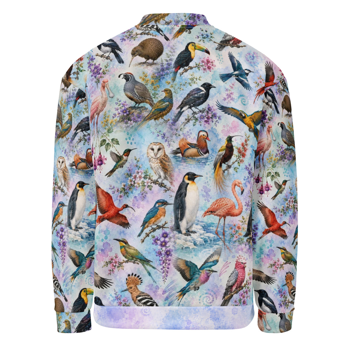 View from the back of a  long-sleeve zip-up jacket featuring an all-over colorful print of variousl birds, owls, penguins flamingos, toucans, and hummingbirds on a light pastel watercolor background.