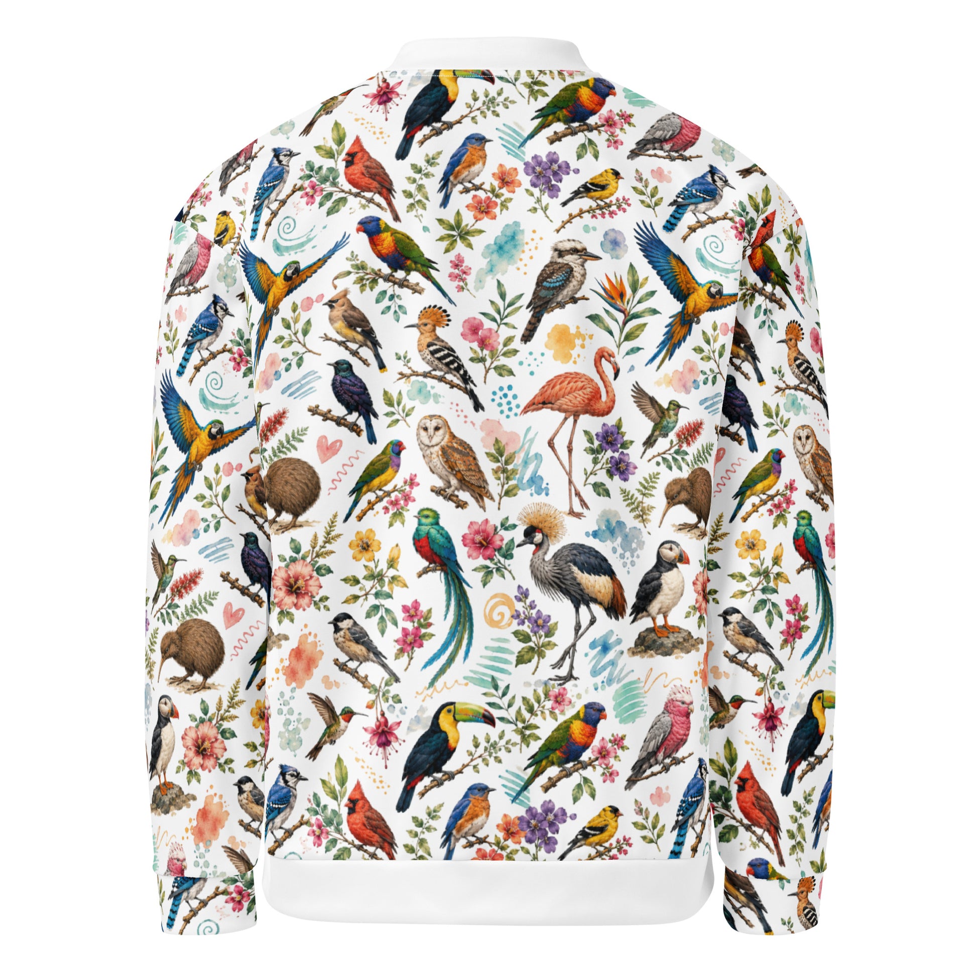 A white bomber jacket shown from the back, featuring an all-over vibrant print of tropical birds, parrots, toucans, flamingos, and flowers on a white background.