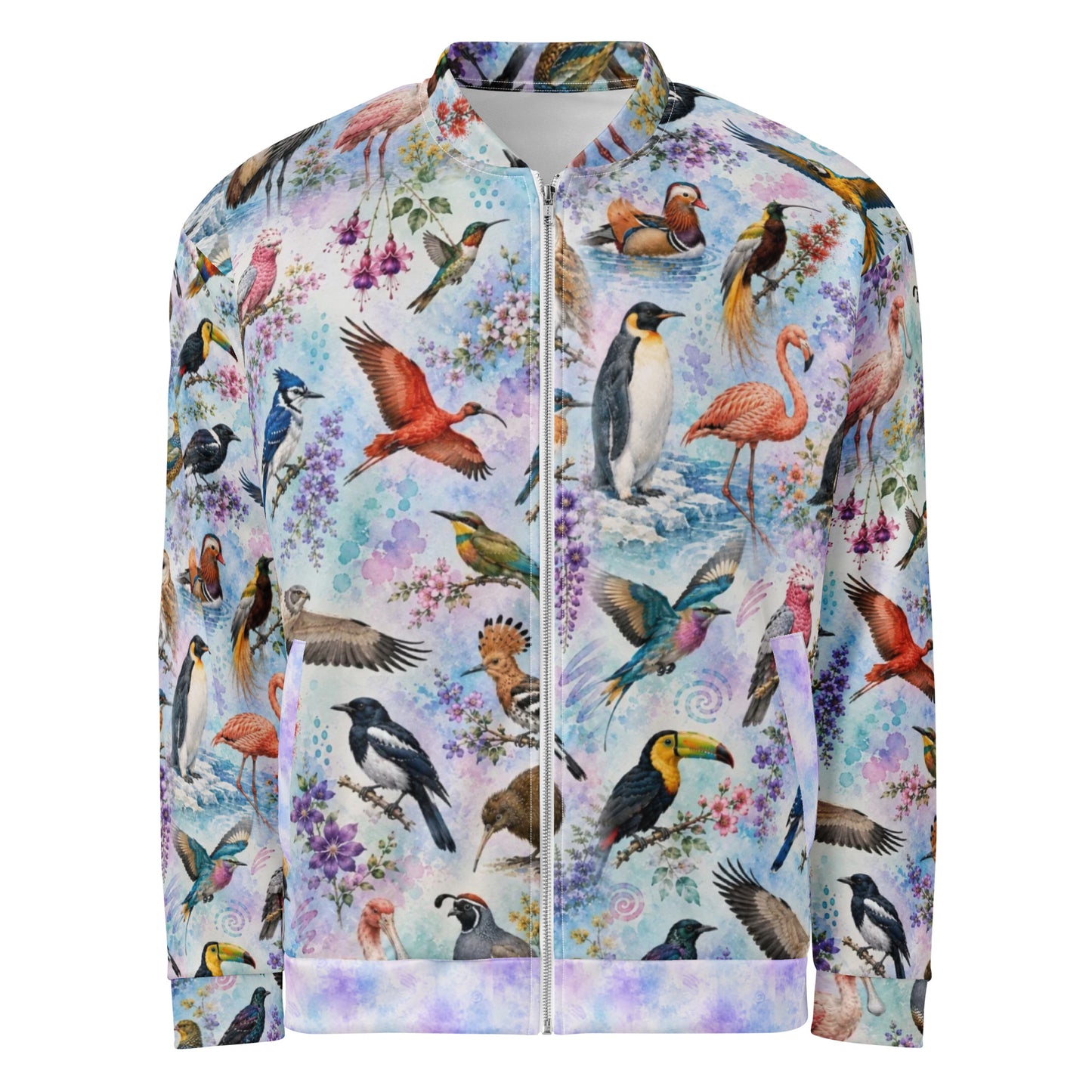 A long-sleeve zip-up jacket featuring an all-over colorful print of various tropical birds, flamingos, toucans, and hummingbirds on a light pastel watercolor background.