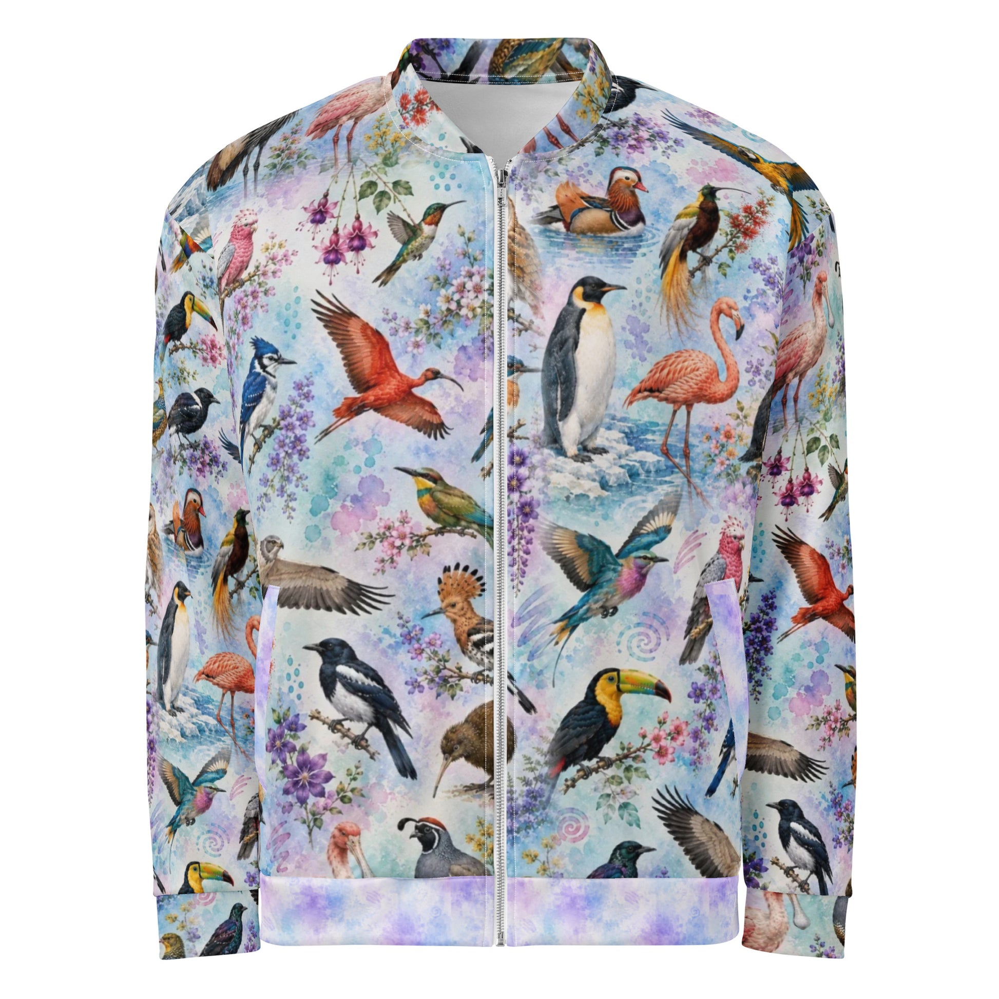A long-sleeve zip-up jacket featuring an all-over colorful print of various tropical birds, flamingos, toucans, and hummingbirds on a light pastel watercolor background.