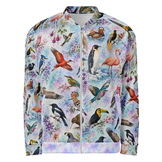 A long-sleeve zip-up jacket featuring an all-over colorful print of various tropical birds, flamingos, toucans, and hummingbirds on a light pastel watercolor background.