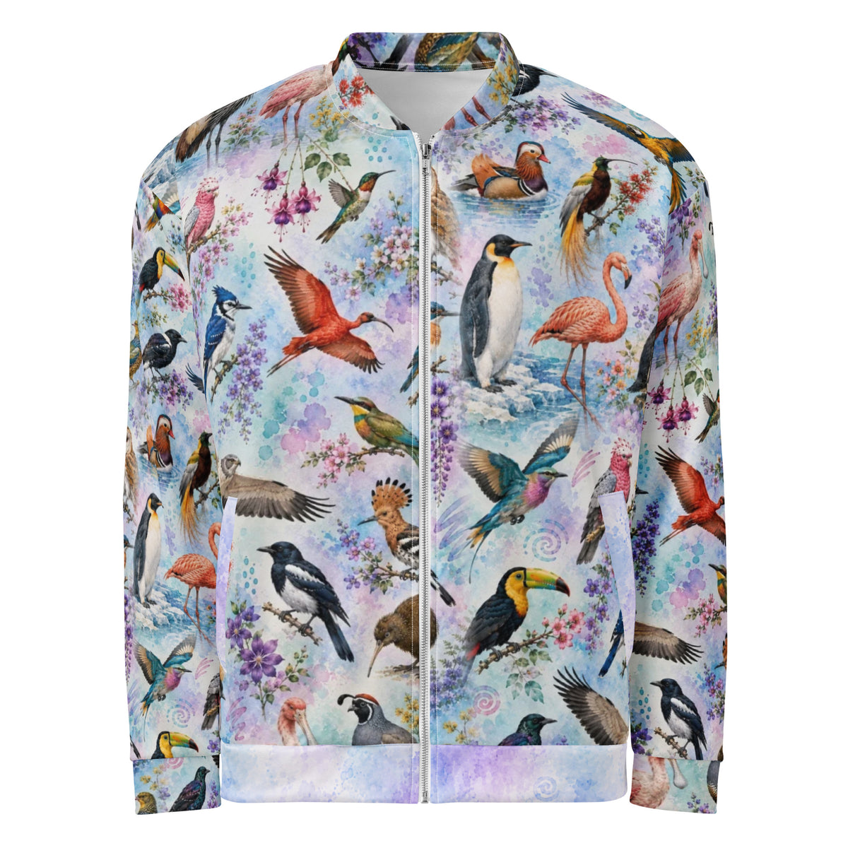 A long-sleeve zip-up bomber jacket featuring an all-over colorful print of various vibrant birds like flamingos, owls, ducks, kiwis,  toucans, and hummingbirds on a light pastel watercolor background.