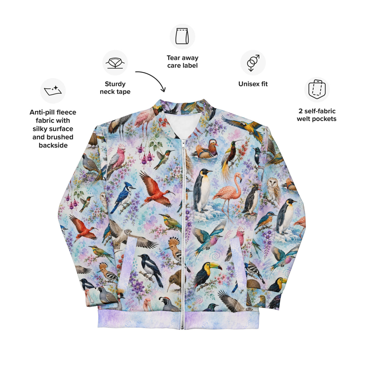 Details description of a  long-sleeve zip-up bomber jacket featuring an all-over colorful print of various vibrant colorful birds like flamingos, owls, ducks, kiwis,  toucans, and hummingbirds on a light pastel watercolor background.