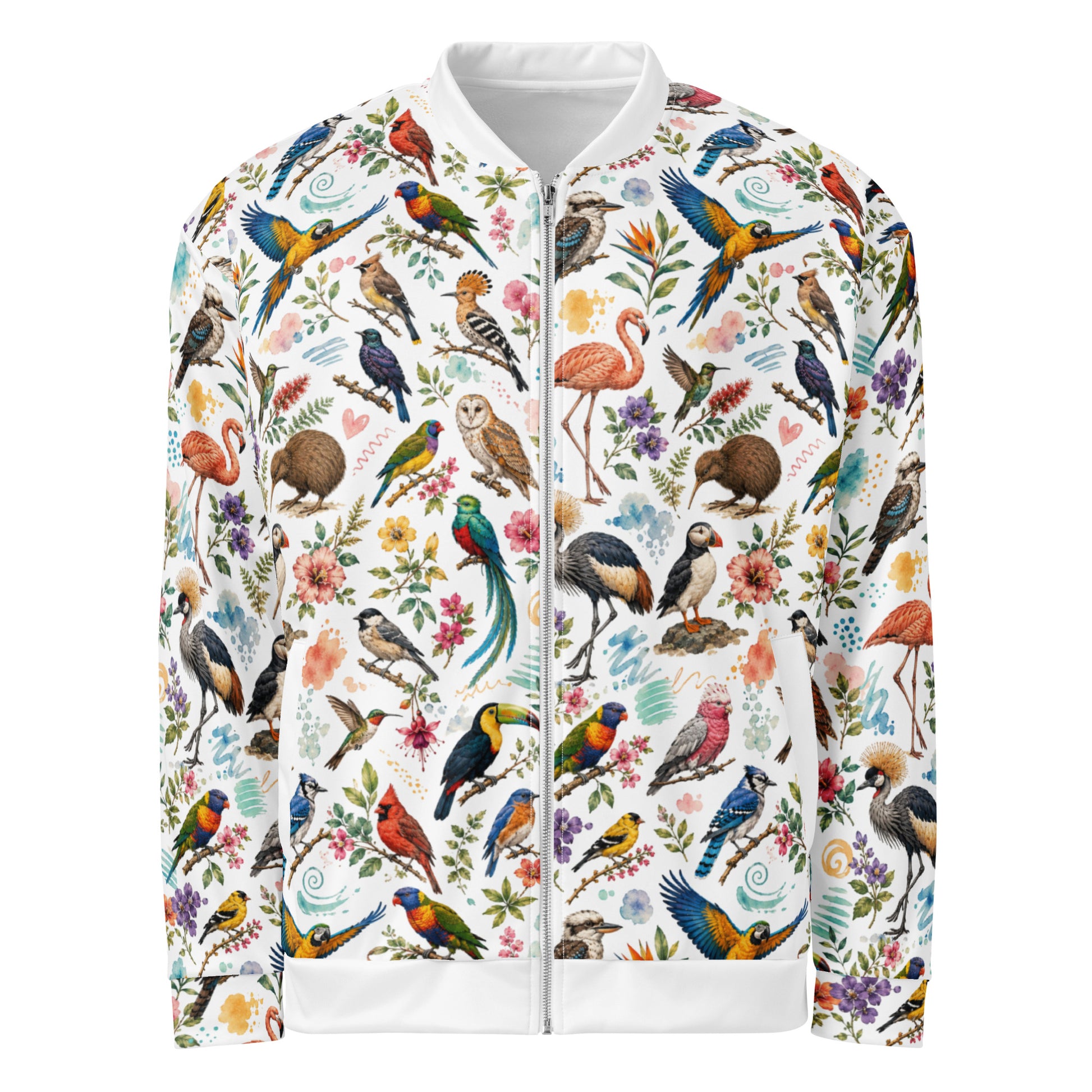 A white zip-up bomber jacket featuring an all-over colorful print of various birds, flamingos, flowers, and leaves on a plain white background.
