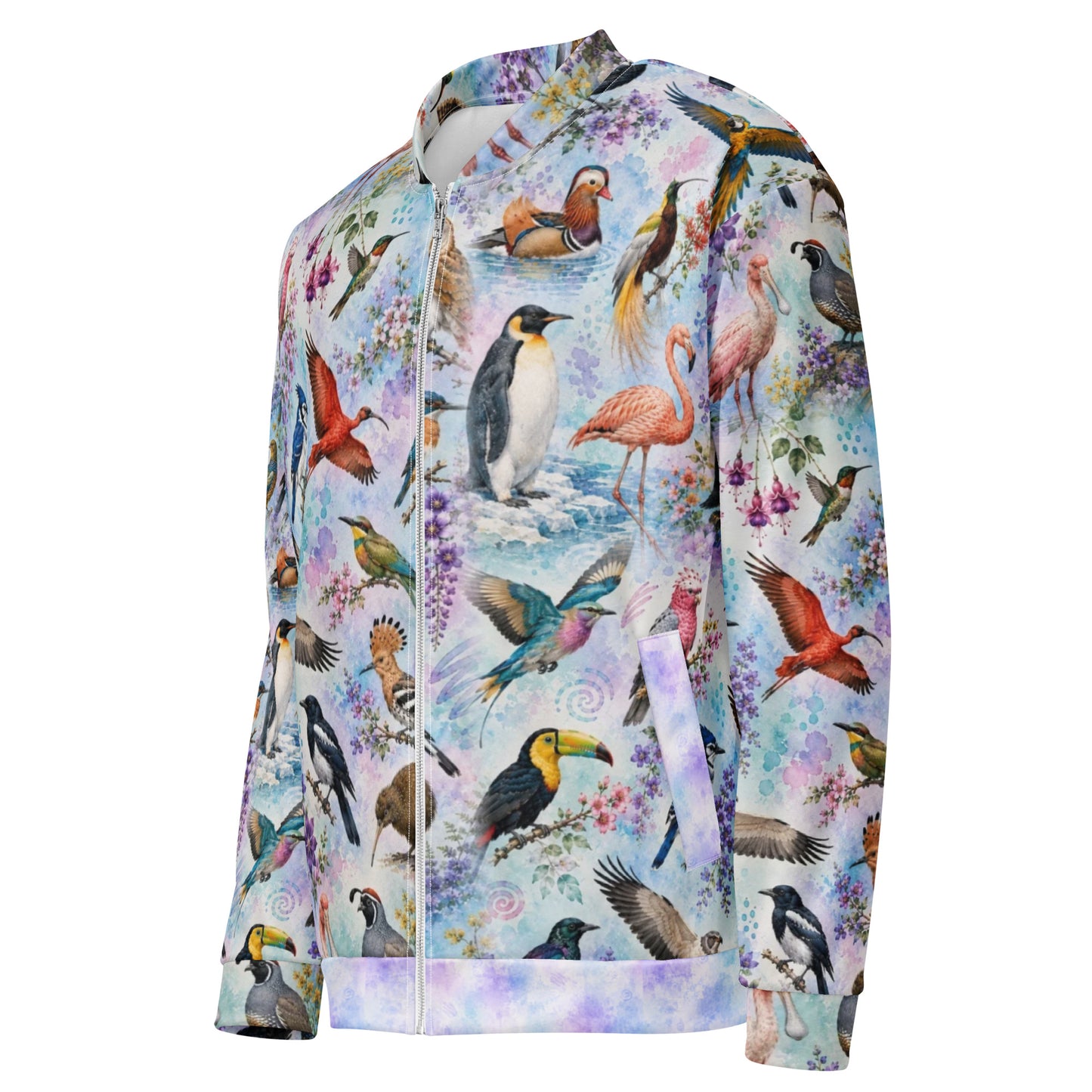 Side view of A long-sleeve zip-up bomber jacket featuring a fun colorful print of various birds, penguins, flamingos, toucans, and hummingbirds on a light pastel watercolor background.
