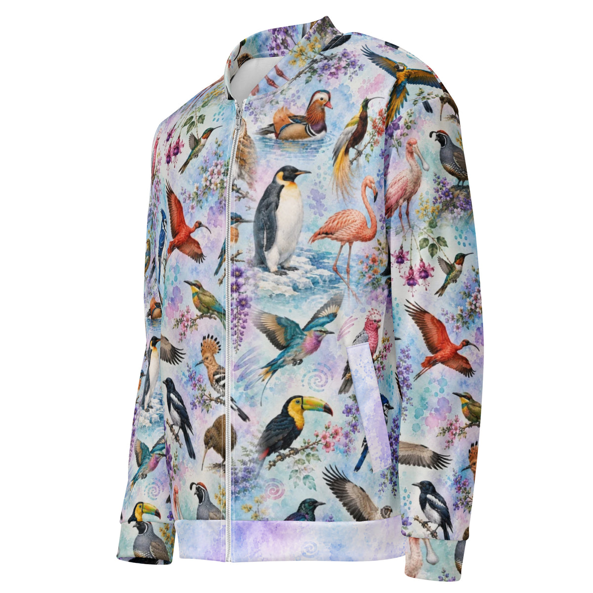 A long-sleeve zip-up jacket featuring an all-over colorful print of various colorful birds, flamingos, toucans, and hummingbirds on a light pastel watercolor background.