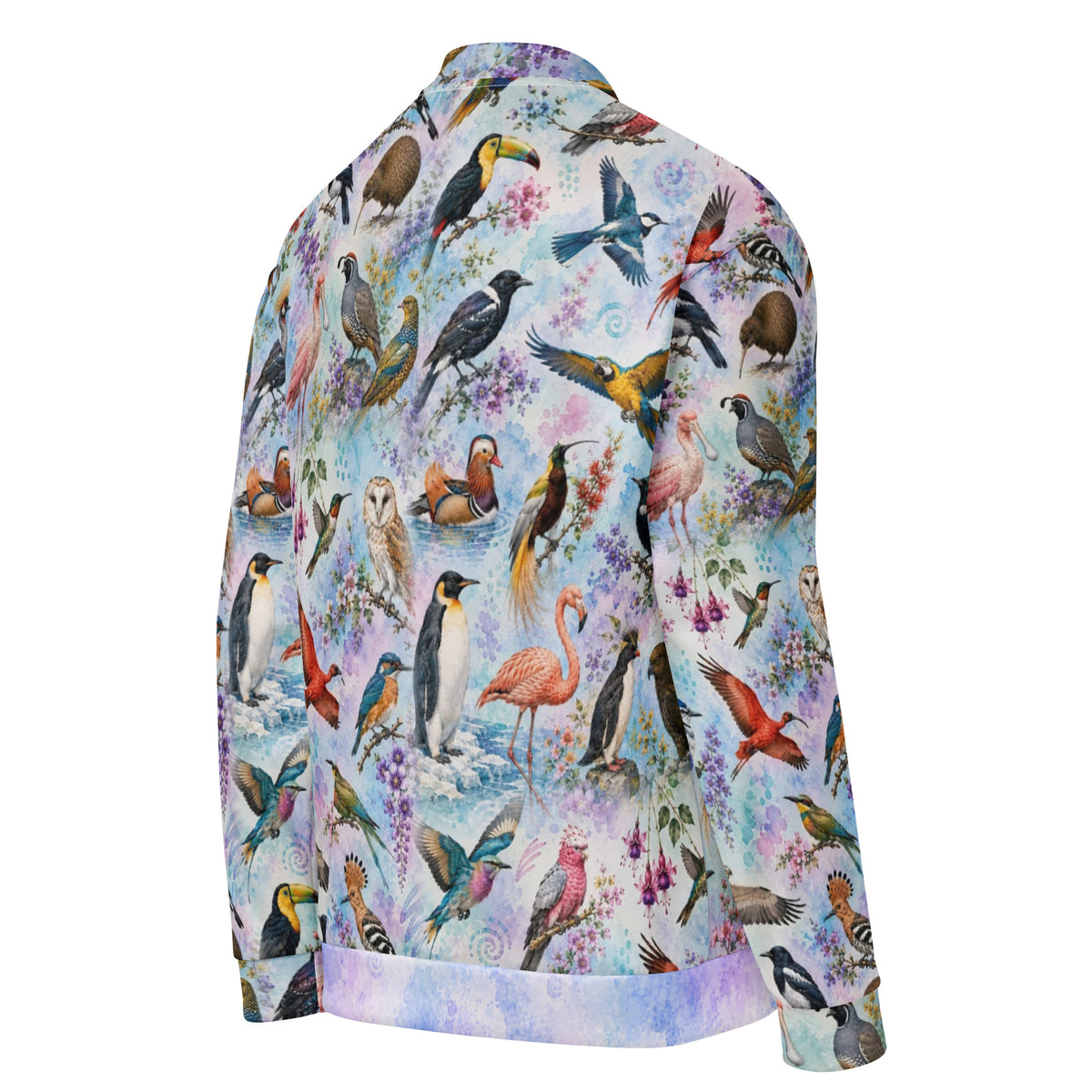 A long-sleeve zip-up jacket featuring an all-over colorful print of various vibrant colorful birds like flamingos, owls, ducks, kiwis,  toucans, and hummingbirds on a light pastel watercolor background.