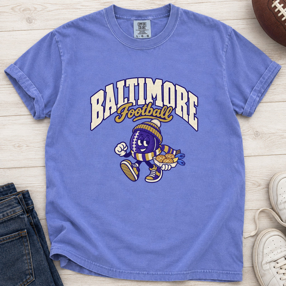 Baltimore Football Retro Mascot T-Shirt in Comfort Colors Flo Blue