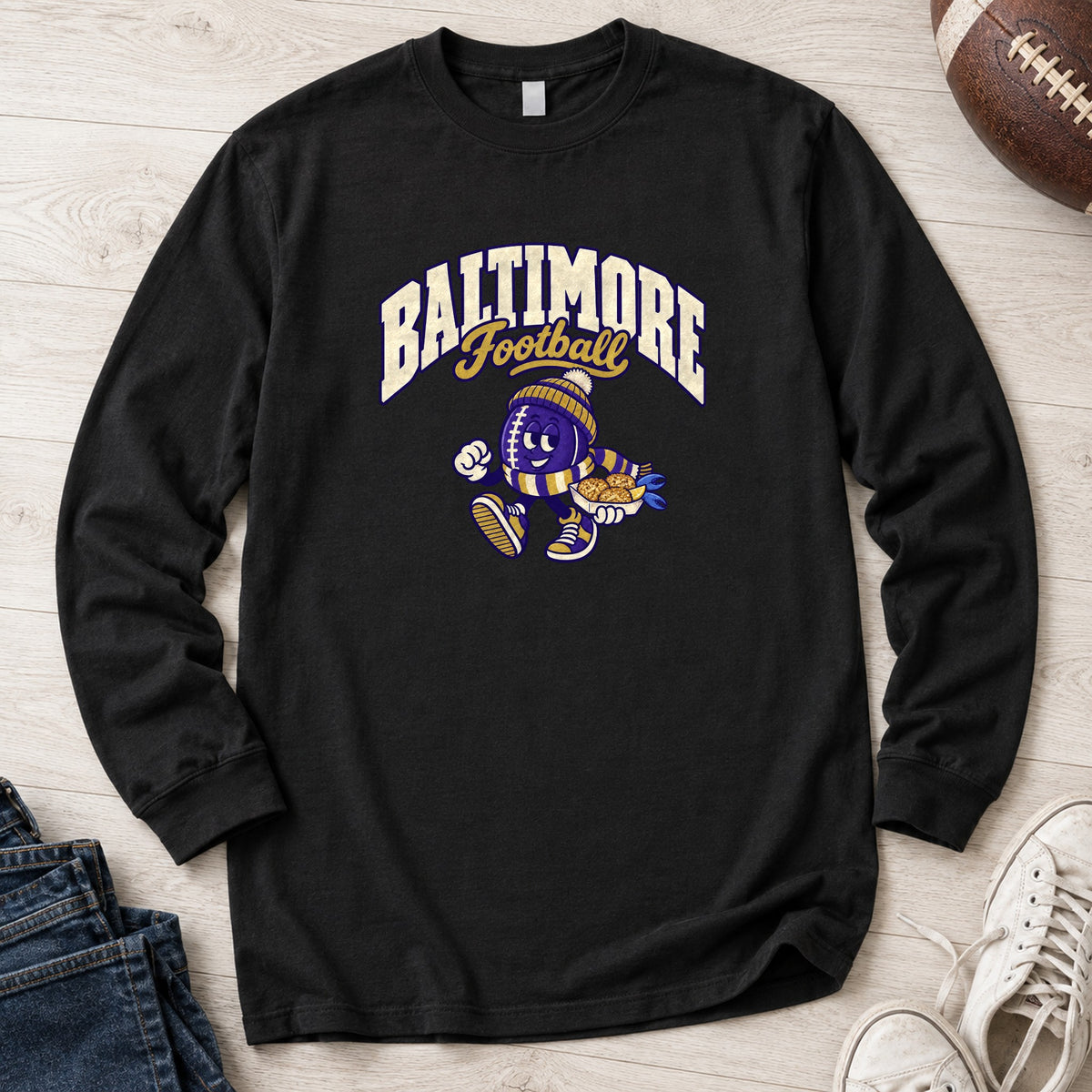 Baltimore Football Retro Mascot Long Sleeve in Black