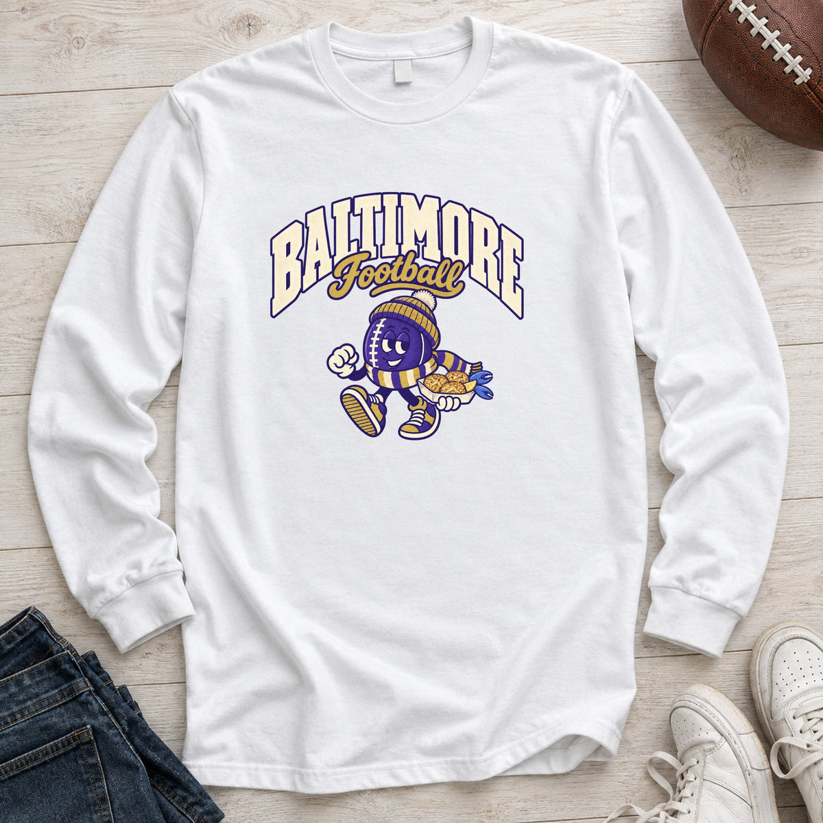 Baltimore Football Retro Mascot Long Sleeve in White