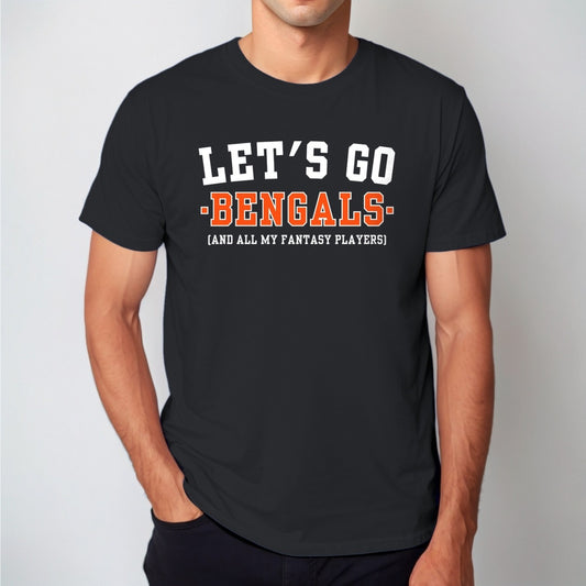 Man wearing the black Let's Go Bengals fantasy football t-shirt with collegiate block lettering