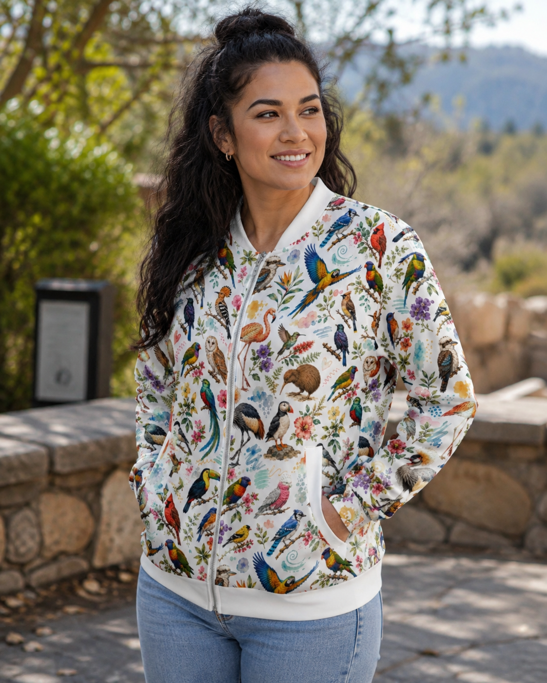 A woman wearing a white zip-up bomber jacket covered in a colorful bird and floral print, paired with light blue jeans, standing outdoors in a sunny, natural setting.