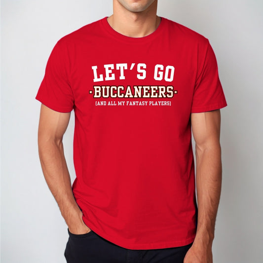 Man wearing the red Let's Go Buccaneers fantasy football t-shirt with collegiate block lettering