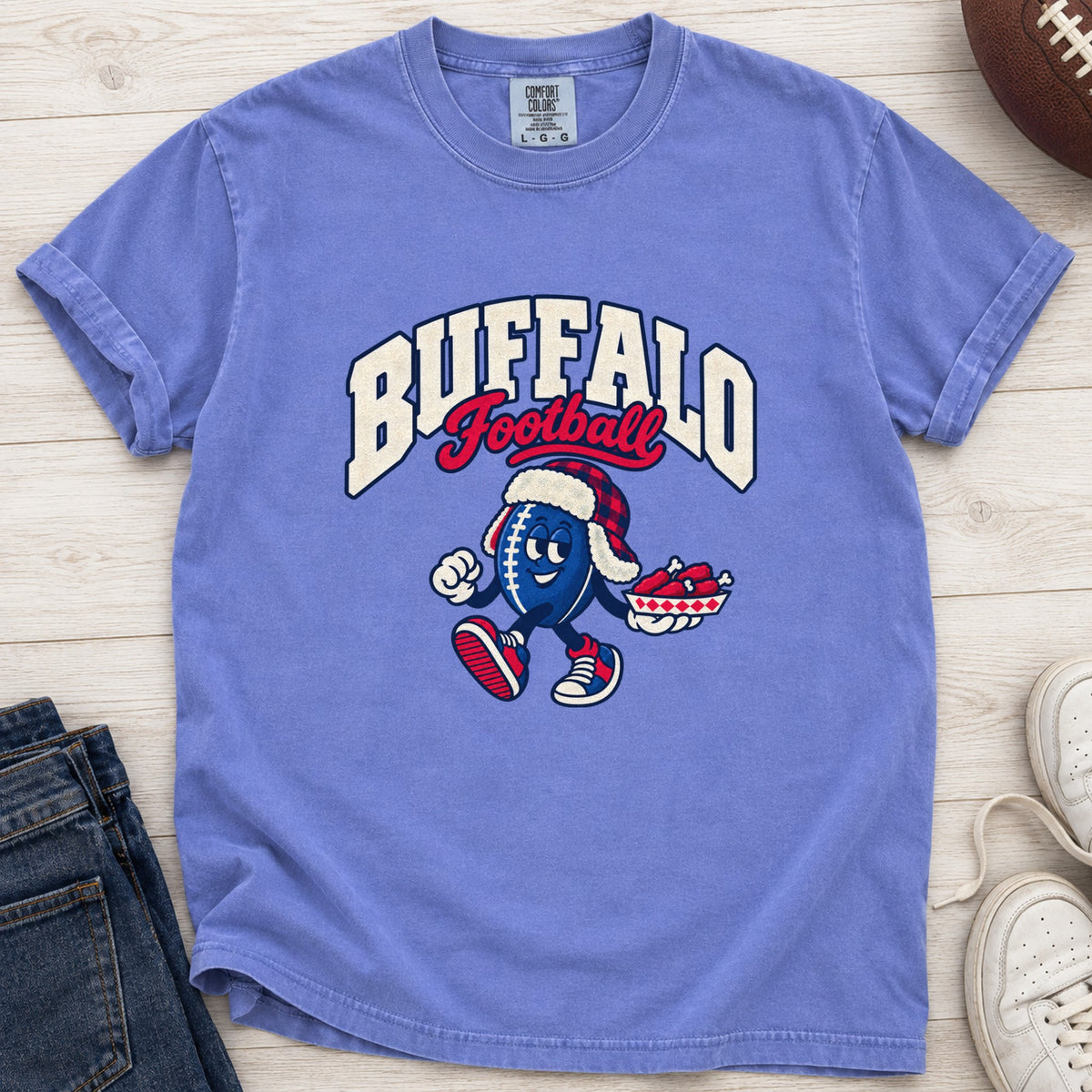 Buffalo Football Retro Mascot T-Shirt in Comfort Colors Flo Blue