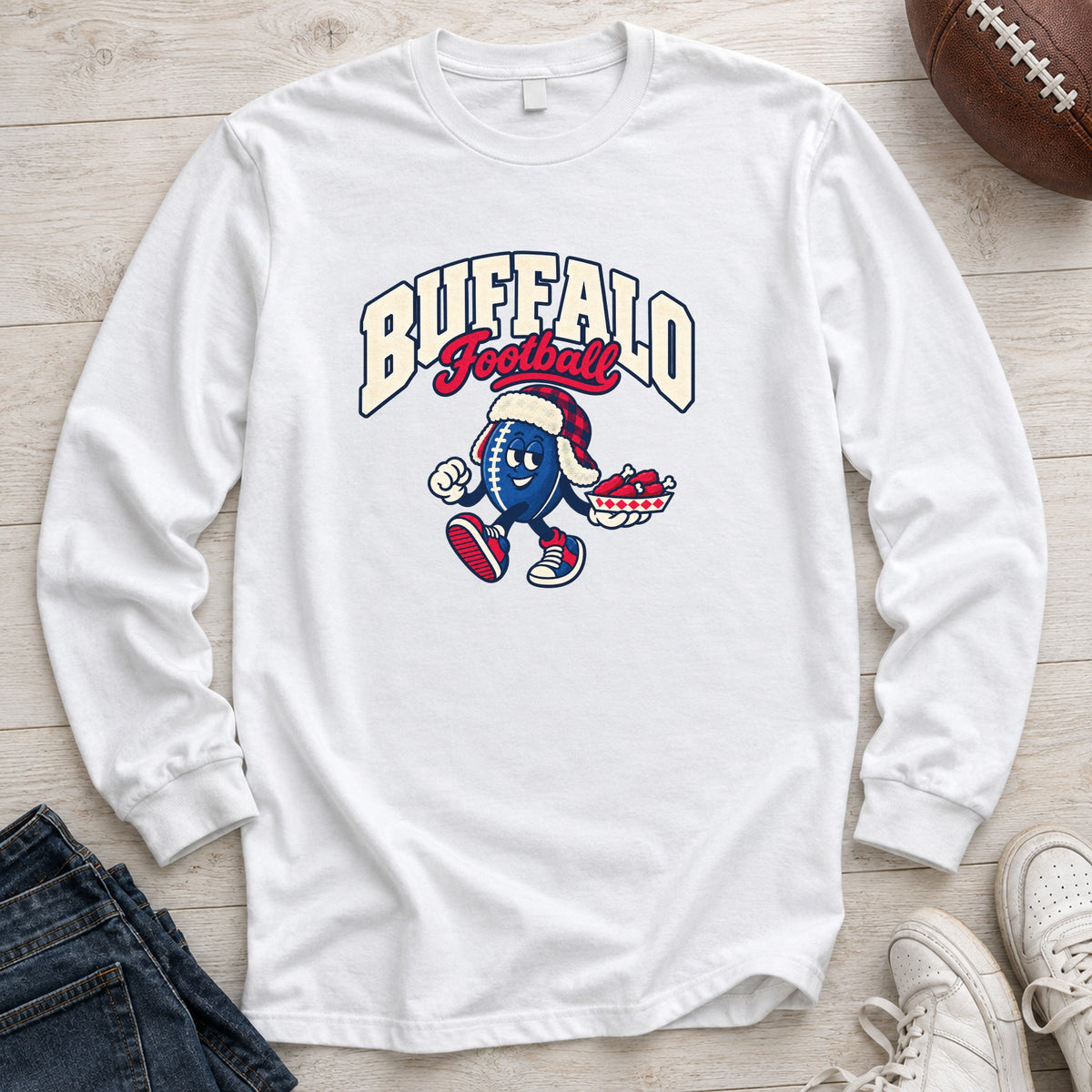 Buffalo Football Retro Mascot Long Sleeve in White