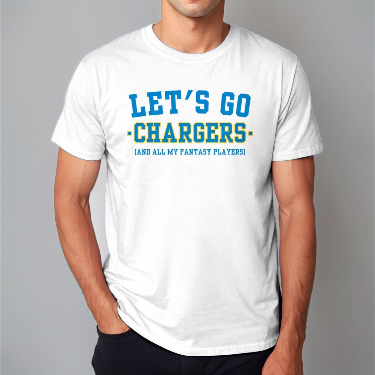 Man wearing the white Let's Go Chargers fantasy football t-shirt with collegiate block lettering