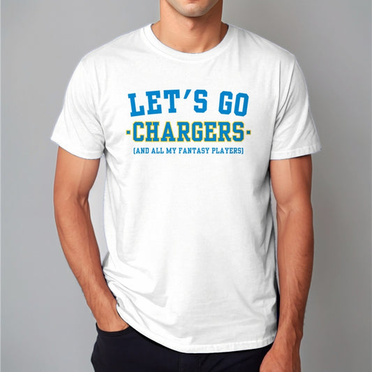 Man wearing the white Let's Go Chargers fantasy football t-shirt with collegiate block lettering